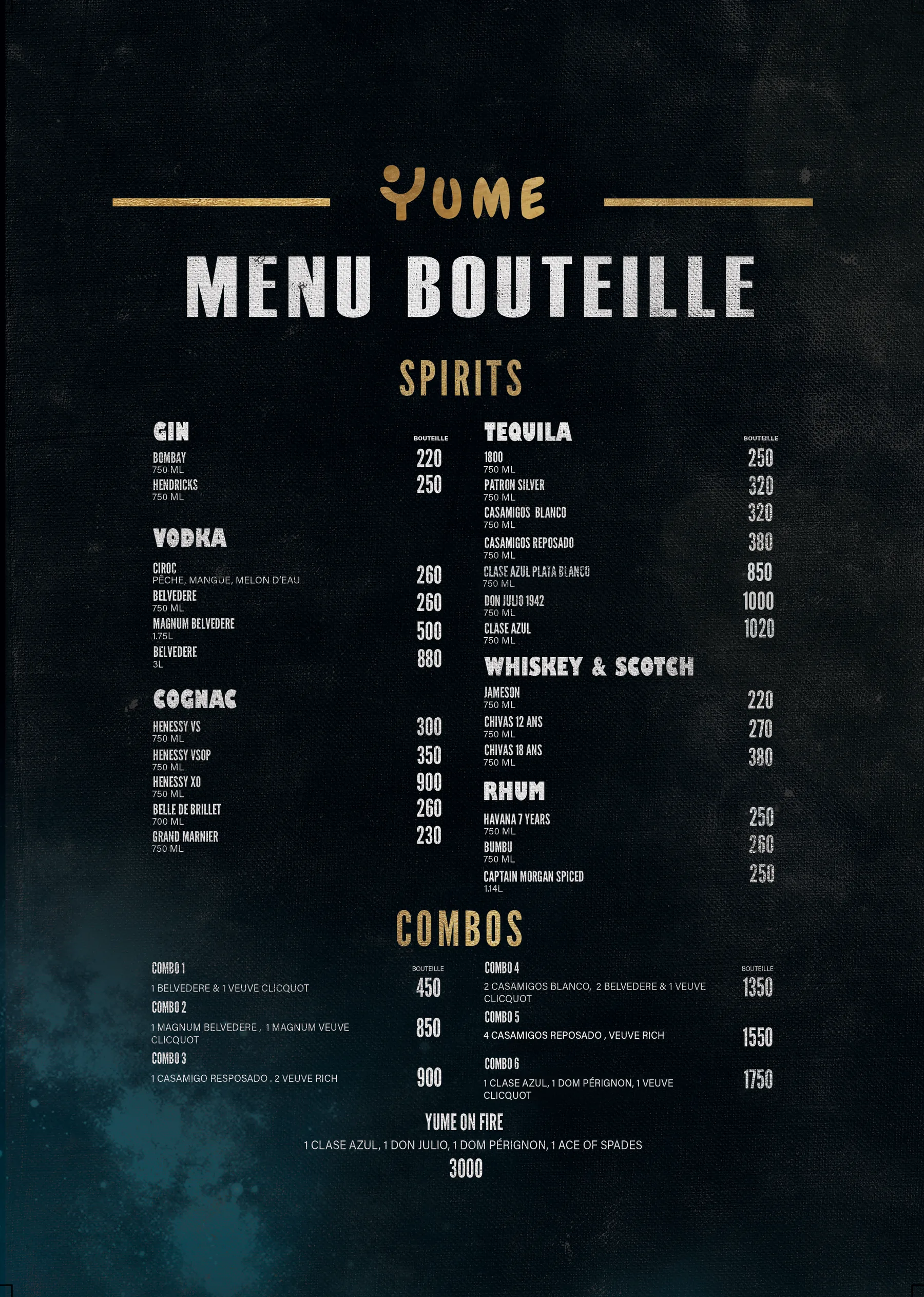 YUME Montreal bottle service menu page 1